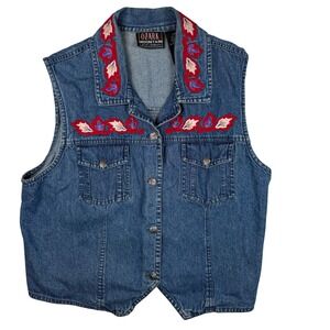 Ozark Mountain Jean Company Denim Vest Floral Embroidered Blue Cotton Womens L